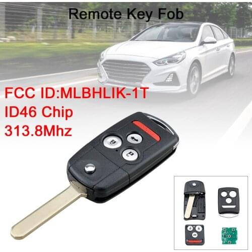 3+1Buttons 313.8Mhz Car Remote Keyless Entry Flip Key Fob with 46 Chip MLBHLIK-1T And Uncut Blade Fit for 2009-2014 Acura TSX/TL