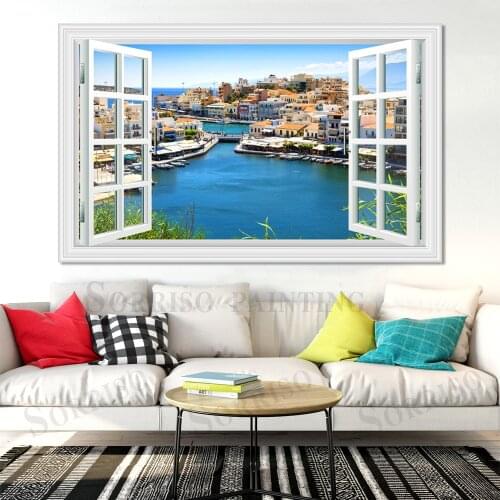 Mediterranean Sea Houses Wharf Yacht Scenery 3D Wall Design Art Painting Home Living Room Decor Canvas Posters Pictures Prints