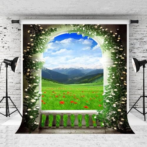 VinylBDS 10x10ft Green Spring Photography Background Arched Door Photo Backgrounds Flower Mountain Scenic Washable Background