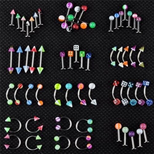 60pcs/set Mix Acrylic Stainless Steel Eyebrow Lip Tongue Ring Bar Rings Nose Hoop Body Piercing Jewelry Wholesale