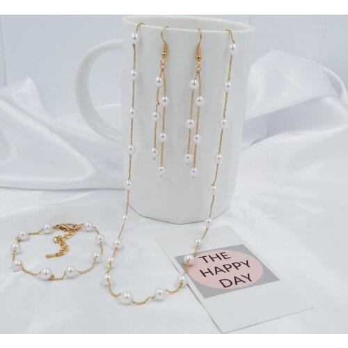Korean Style Choker Necklace Set Pearl Chain Long Pendent Necklace Bracelet Earrings For Women Jewelry