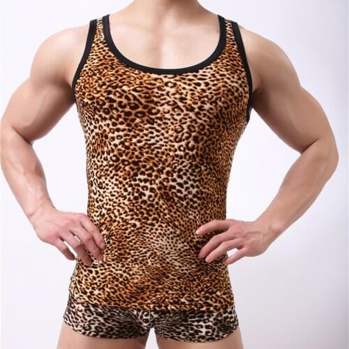 Mens Undershirt Leopard Summer Nylon Slim Fit Men Clothing Bodybuilding Fitness Shirts Tops Vest O-Neck Breathable Undershirts
