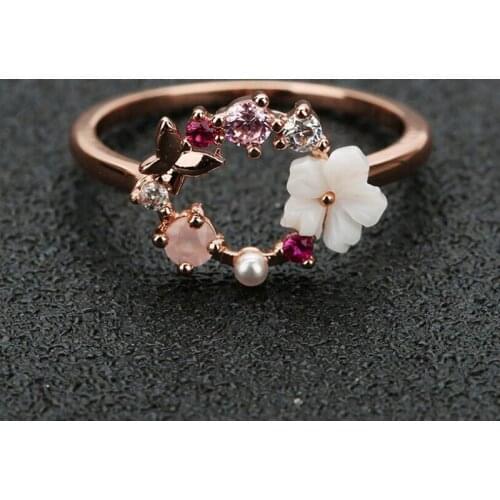 Fashion Creative Butterfly Flowers Crystal Finger Wedding Rings For Women Rose Gold Zircon Glamour Ring Jewelry Girl Gift Bijoux