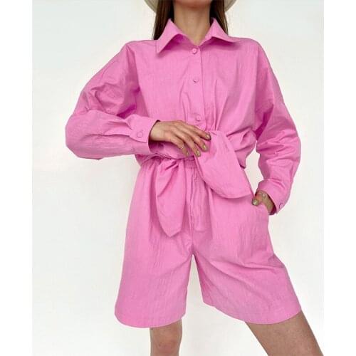 Casual Oversize Linen Shorts 2 Piece Set Drawstring Women Shirts Loose Outfit Solid Wide Leg Shorts Suits Solid Summer