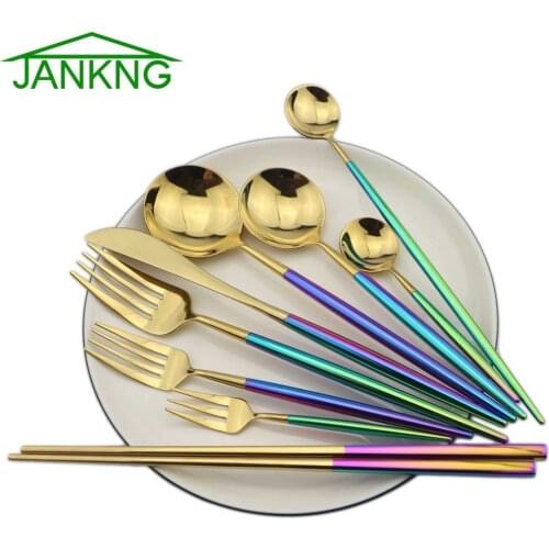 JANKNG Luxury Rainbow Dinnerware Gold Cutlery Set 18/10 Stainless Steel Chopsticks Silverware Set Tableware Dinner Knife Fork