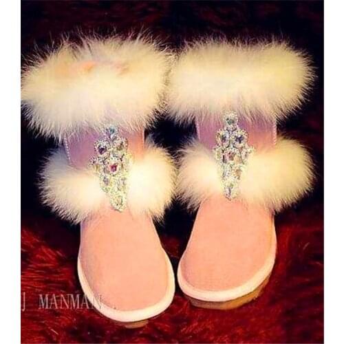 Fox fur pink hand-studded diamond thickening non-slip warm snow boots fur boots custom cotton shoes