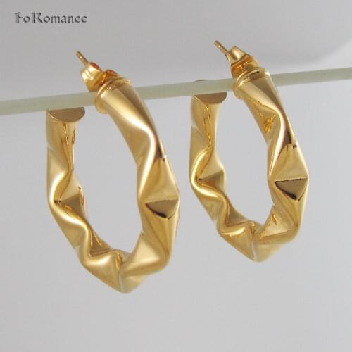 Foromance/ NEW TWIST WATER WAVE PLAIN SURFACE HIGH SHIN YELLOW GOLD COLOR ROUND HOOP EARRING DIAMETER 31mm 1.22 INCH
