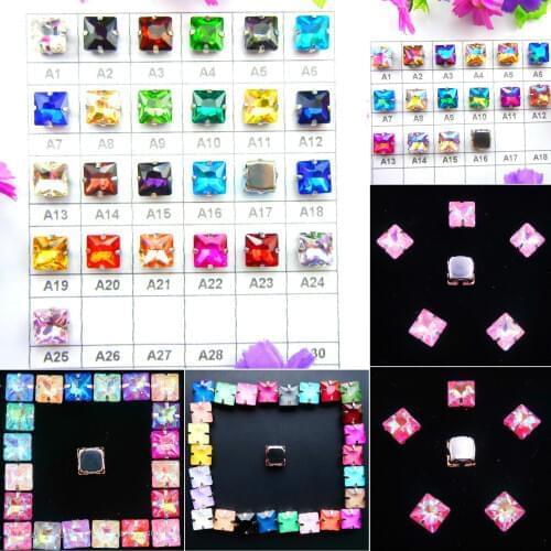 Glass Crystal Silver claw settings 8mm 10mm 12mm Fancy colors Square shape Sew on rhinestone beads garment shoes bags diy trim