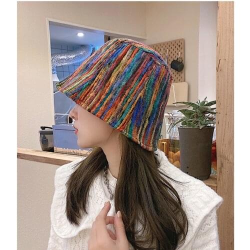 New Rainbow Colors Women Bucket Hats Winter Spring Lady Street Style Harajuku Print Outdoor Sunscreen Travel Vacation Cap Hats