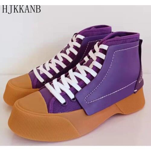 High Quality Round Toe Sneakers Women Leather Patchwork Lace Up Casual Shoes New Thick Sole High Top Sneakers Tennis Shoes 2021