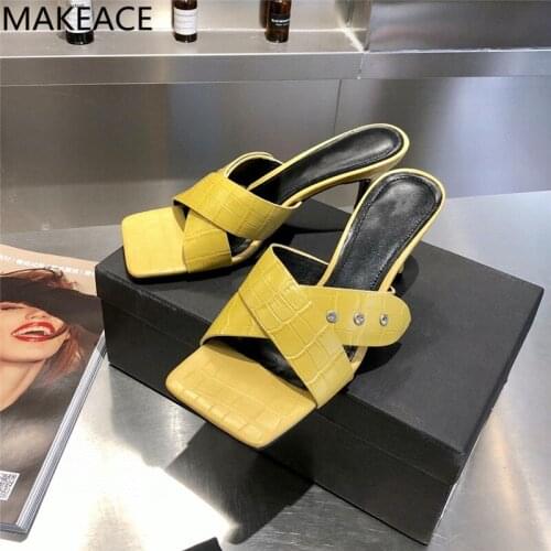 New Bling Rhinestone Silver Mules Woman Square Toe High Heels Summer Sandals Woman Runway Cross Strap Slippers Woman 2021