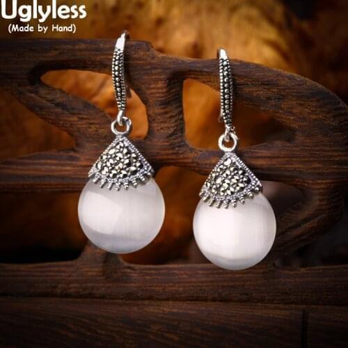 Uglyless Vintage Marcasite Earrings for Women Shinning Moonstone Water Drop Earrings Colorful Chalcedony Brincos Fashion Jewelry