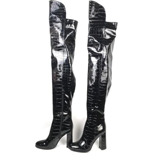 Womens high Boots Round Toe High Heels Over the knee boots Chunky Heel Black Patent Leather Female Women Shoes US7