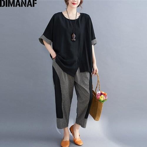 DIMANAF 2021 Summer Women Two Piece Set Suit Vintage Plaid Casual Loose Lady Long Pants Suits Short Sleeve Clothing Oversize