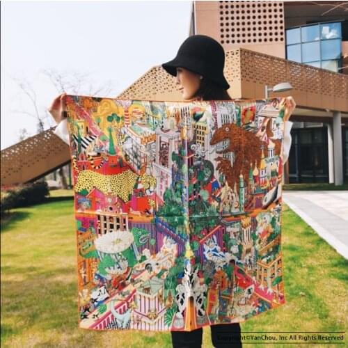 Animal city Silk Head Scarfs For Women Silk Twill Scarf Hand Rolled 100%Mulberry Scarf Wrap Shawls 90*90cm Foulard En Soie