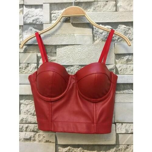 Nightclub Sexy Pu Leather Camis Women Short Tube Tops Strap Push Up Bra for Ladies T6987