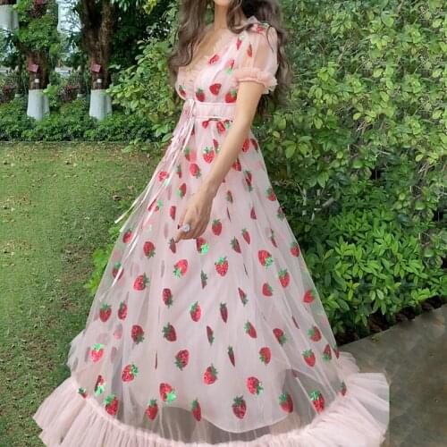 Mesh Short Sleeve Dresses For Women 2021 Organza Strawberry Sequins Deep V-Neck Ball Gown Summer Sexy Bandage Maxi Dress