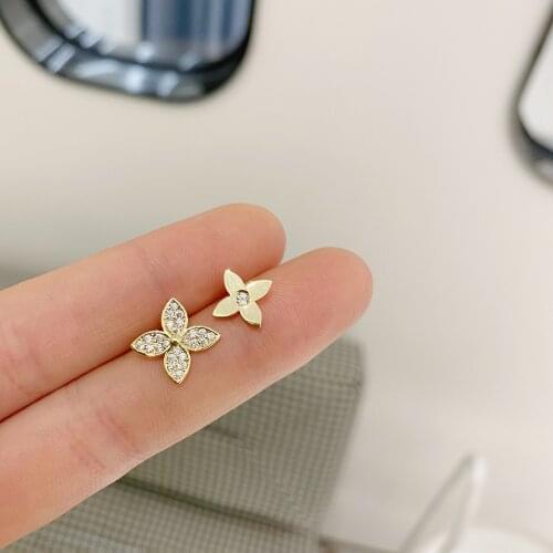 14k Real Gold Plated Fashion Jewelry Asymmetrical Leaf Petal Star Zircon Exquisite Stud Earrings for Woman Simple Daily Earring