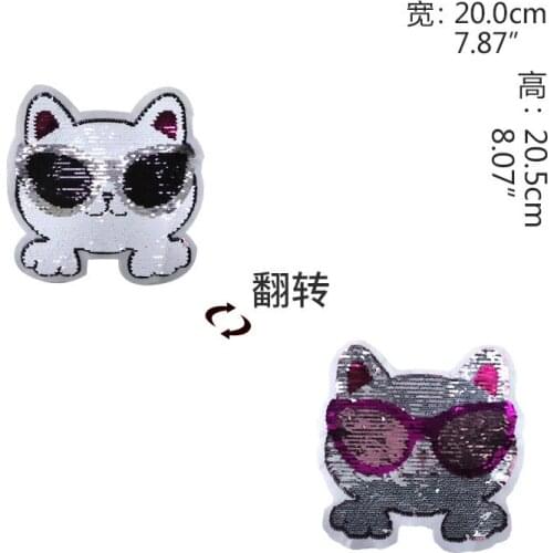2PCS Large Cartoon Cat With Glasses Sequins EMB Applique Sew On Patch DIY Embroidered Bling Bling Cat double-faced Reversible