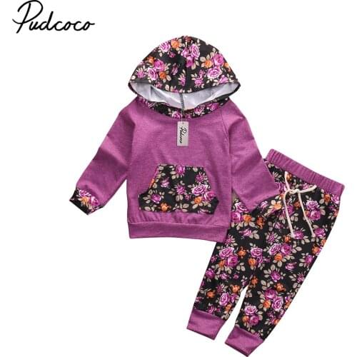 2019 Baby Spring Autumn Clothing 2PCS Newborn Baby Boy Girl Floral Clothes Cotton Hooded Long Sleeve Top+Pants Outfits 0-24M
