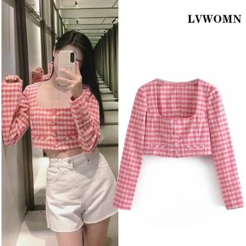 LVWOMN Za 2021 Fashion Women Blouses Summer Plaid Square Collar Long Sleeve Women Clothing Chic Short Top Buttons Female Shirt
