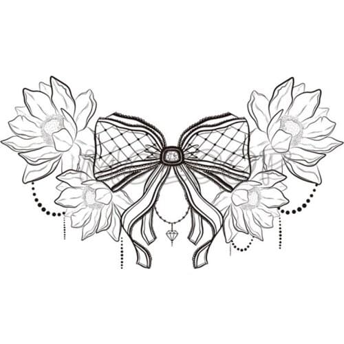 Big Bow-knot Lotus Temporary Tattoo Stickers Diamond Necklace Chest Back Fake Tatoo Makeup Breast Art for Woman Girl