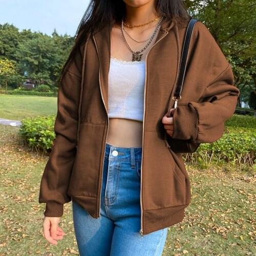 CDJLFH Brown Zip Up Sweatshirt Winter Sweats Clothes Oversize Hoodies Plus Size Vintage Pockets Long Sleeve Hoodie Women