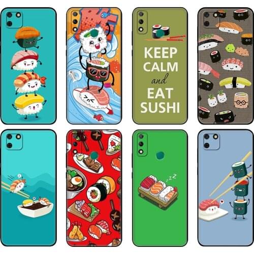 Black tpu Case For Huawei Y9S Y6S Y8S Y5P Y7P Y8P Case For Huawei Y5 lite Prime 2018 Y6 2019 Cover Japanese cuisine Sushi food