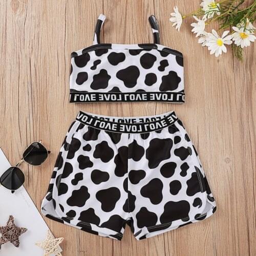 1-8Y Toddler Kids Baby Girls Gallus Milch Cow Print Tops+Print Short Pants Set Vogue Summer Baby Girls Clothing Trajes de niñas