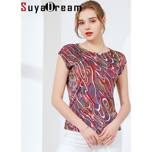 SuyaDream Women Graphic T Shirt 30%Silk 70%Spandex O Neck Short Sleeves Casual Shirt 2021 Spring Summer Plus Size Silk Top