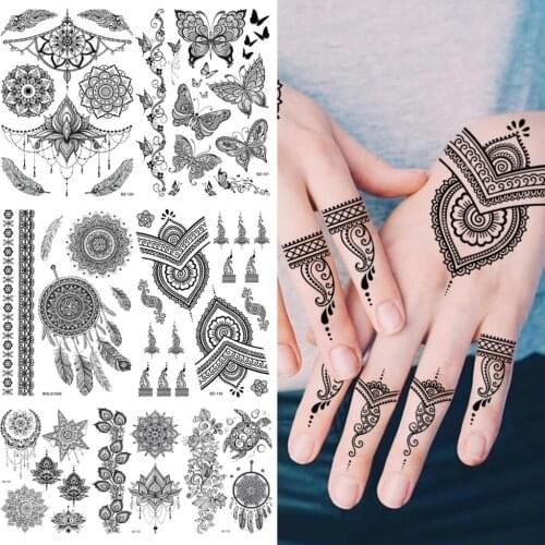 Indian Tribal Henna Temporary Tattoos For Women Girls Butterfly DreamCatcher Turtle Mandala Fake Tattoo Sticker Arm Tatoo Finger