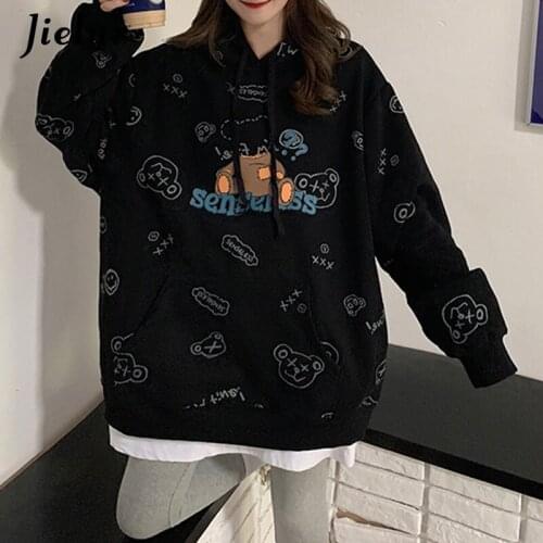 Jielur Winter Clothes New Korean Hoodies Women Pullover Hooded Loose Cartoon Print Sweatshirt White Black Oversized Fleece Hoody