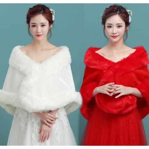 Red White Wedding Bolero Winter Bridal Faux Fur Wedding Shawls Shrugs For Women Bolero Wraps Bridal Jacket Party Dress Cape
