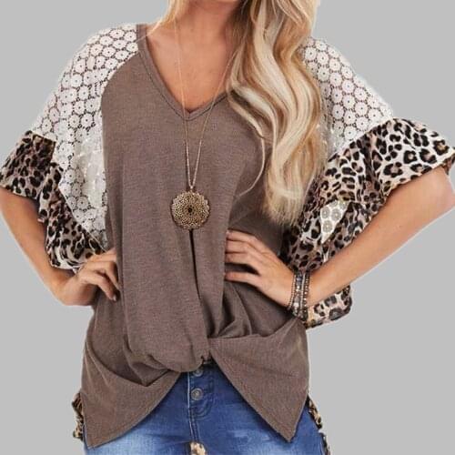 Summer Causal Leopard Patchwork Long Tshirt Women 2021 Female V-Neck Hollow Out Sexy Tops Elegant Loose Woman Tshirts Blouse
