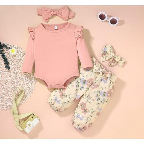 Fashion Baby Clothing Fall Baby Girl Clothes Romper Floral Pants with Headband 3Pcs Outfits Spring New Toddler Girls Clothes Set