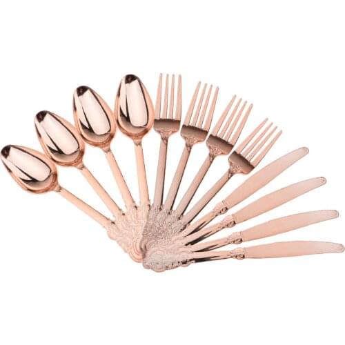4 Set/12Pcs Plastic Cutlery Party Fork Spoons Set Party Supply Rose Gold