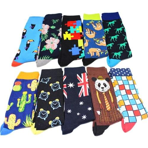 1 pair men socks combed cotton cartoon animal penguin rhinoceros parrot cactus stars geometric novelty funny socks