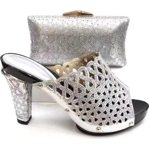 New fashion silver women dress shoes match handbag with rhinestone african pumps and bag set V257,heel 12CM