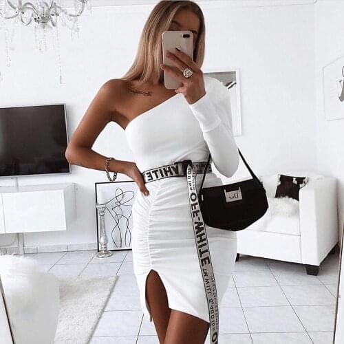 New Casual Party Autumn Winter European And American Sexy One-Shoulder Long-Sleeved Irregular Pleated Dress