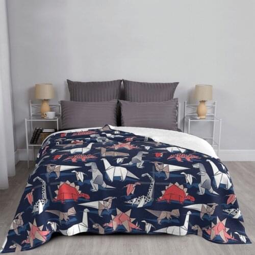 Origami Dino Friends Oxford Navy Blue Background Paper Red Dinosaurs Throw Blanket Mexican Sofa Blanket Plaid Summer Bedspreads