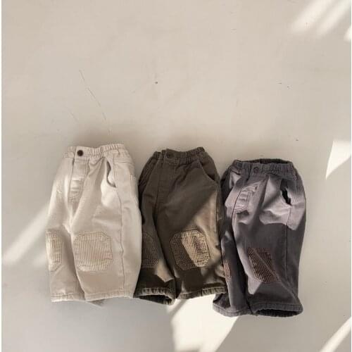 Autumn and winter Korean childrens clothes for boys and girls loose pants baby art straight patch plus velvet trousers