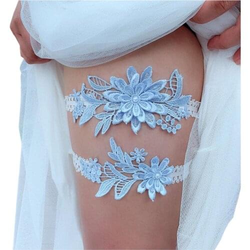 2pcs Light Blue Lace Wedding Party Garter Embroidery Floral Sexy Garter Bride Thigh Ring Bridal Lace Leg Ring Loop Gift to Bride