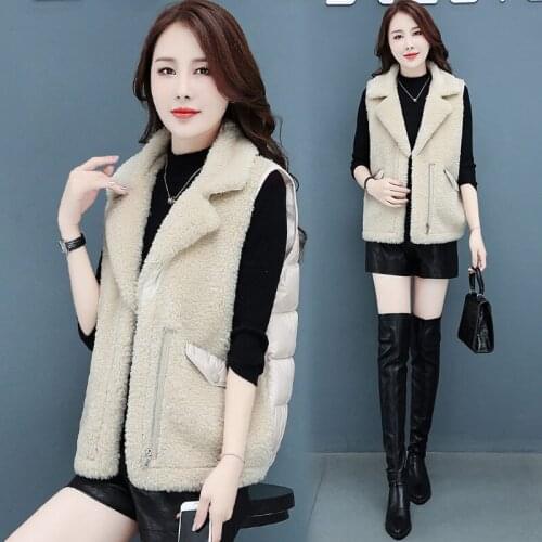 Notched Casual Patchwork Lamb Wool Fall Winter Korean Loose Short Down Cotton Vest Fashion Jacket Women Trend Waistcoat y1329