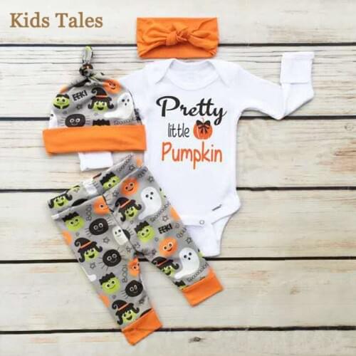PR-074 Boys Clothes Sets Halloween Little Pumpkin Newborn Boy Girls Clothes With Long Sleeve Overalls+Pants+Hat +Headband 4pcs