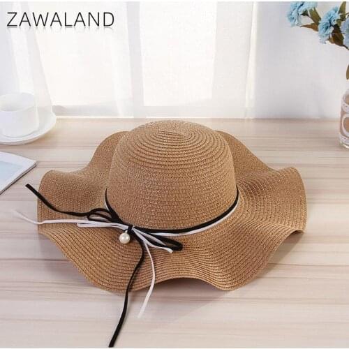 Zawaland Pearl Bow Sun Hat Womens Summer New Wave Crimping Ribbon Beach Hat Wide Brim Seaside Sun Protection Straw Hat Female