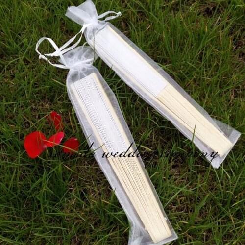 50pcs/Lot 21cm White Paper Wedding Fan with white organza Gift pouch