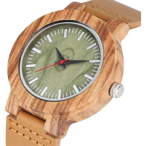 Green Round Dial Wood Watch Quartz Movement Mens Genuine Leather Wristwatch Simple Natural Wooden Clock Male reloj 2019