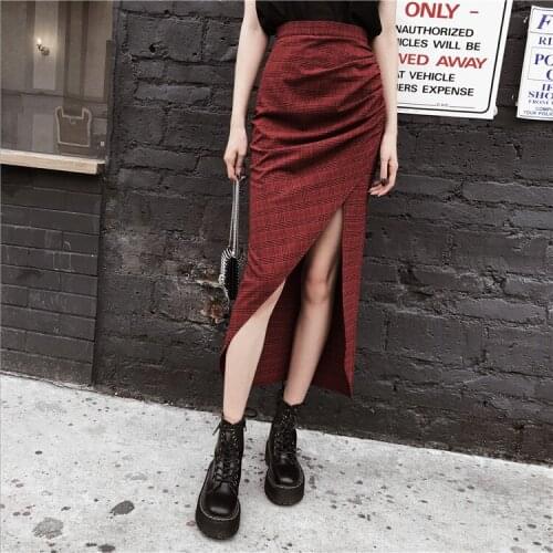 New Sping Autumn Punk Gothic Harajuku Vintage Red Plaid Skirt Fashion Loose High Quality Female Asymmetric Long Skirts