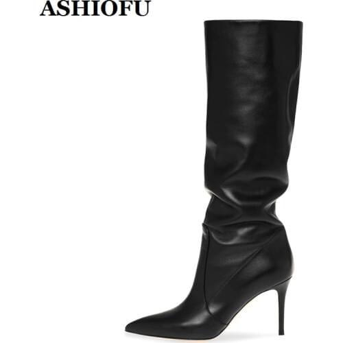 ASHIOFU Handmade Classic Ladies High Heel Boots Faux-leather Party Prom Mid-calf Boots Plus Size Evening Fashion Winter Boots