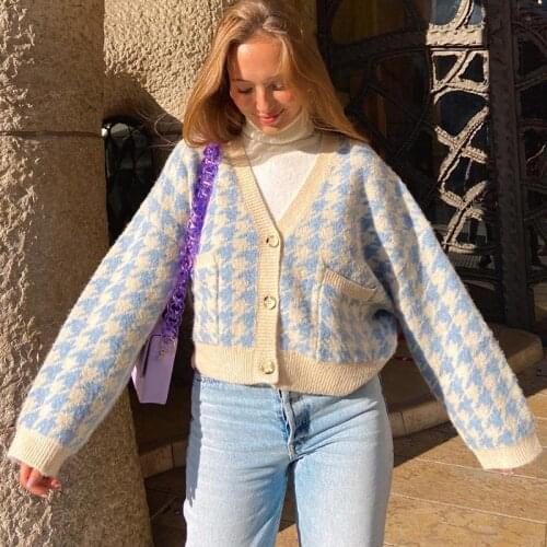 Women Cardigan Autumn Winter Vintage Houndstooth Plaid Print V Neck Knitted Crop Top Sweater Fashion Casual Loose Knitwear